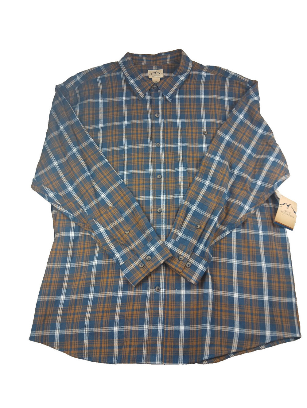 Blue Mountain Flannel Shirt Brown Blue Plaid Men's Long Sleeve & pocket NWT 2XL